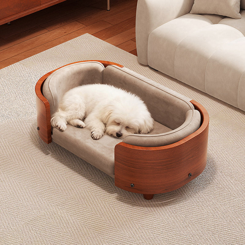 Traditional Vintage Oval Rubberwood Multi-Layer Solid Wood Panel Velvet Fabric Cat Bed For Bedroom