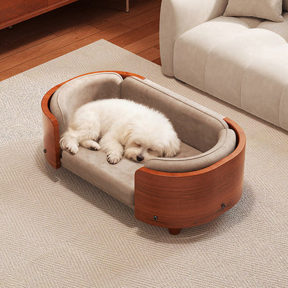 Traditional Vintage Oval Rubberwood Multi-Layer Solid Wood Panel Velvet Fabric Cat Bed For Bedroom