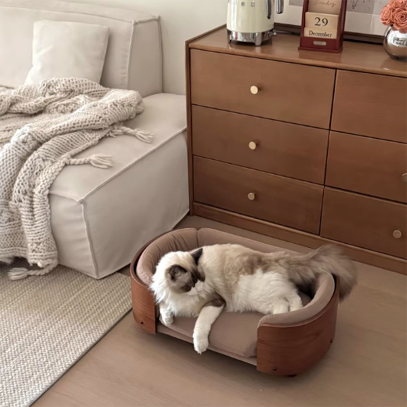 Traditional Vintage Oval Rubberwood Multi-Layer Solid Wood Panel Velvet Fabric Cat Bed For Bedroom