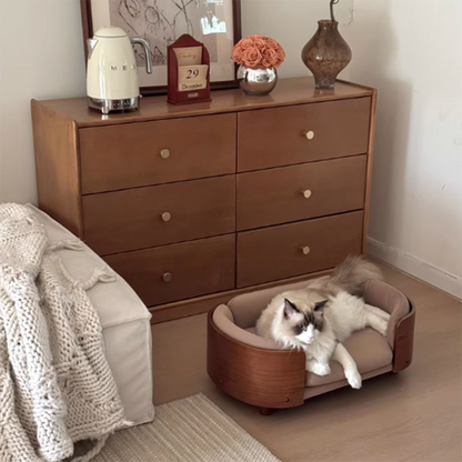 Traditional Vintage Oval Rubberwood Multi-Layer Solid Wood Panel Velvet Fabric Cat Bed For Bedroom
