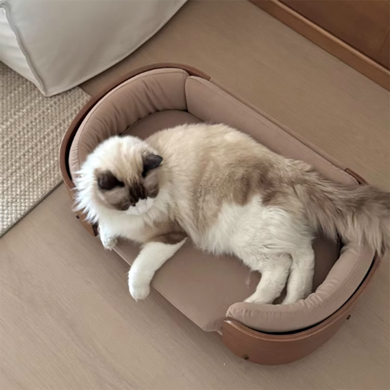 Traditional Vintage Oval Rubberwood Multi-Layer Solid Wood Panel Velvet Fabric Cat Bed For Bedroom