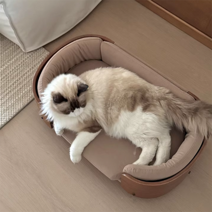 Traditional Vintage Oval Rubberwood Multi-Layer Solid Wood Panel Velvet Fabric Cat Bed For Bedroom
