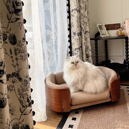 Traditional Vintage Oval Rubberwood Multi-Layer Solid Wood Panel Velvet Fabric Cat Bed For Bedroom