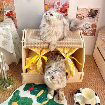 Contemporary Creative Rectangular Multi-Layer Solid Wood Panel Velvet Fabric Oxford Fabric Sisal Cat Scratcher Cat Bed For Bedroom