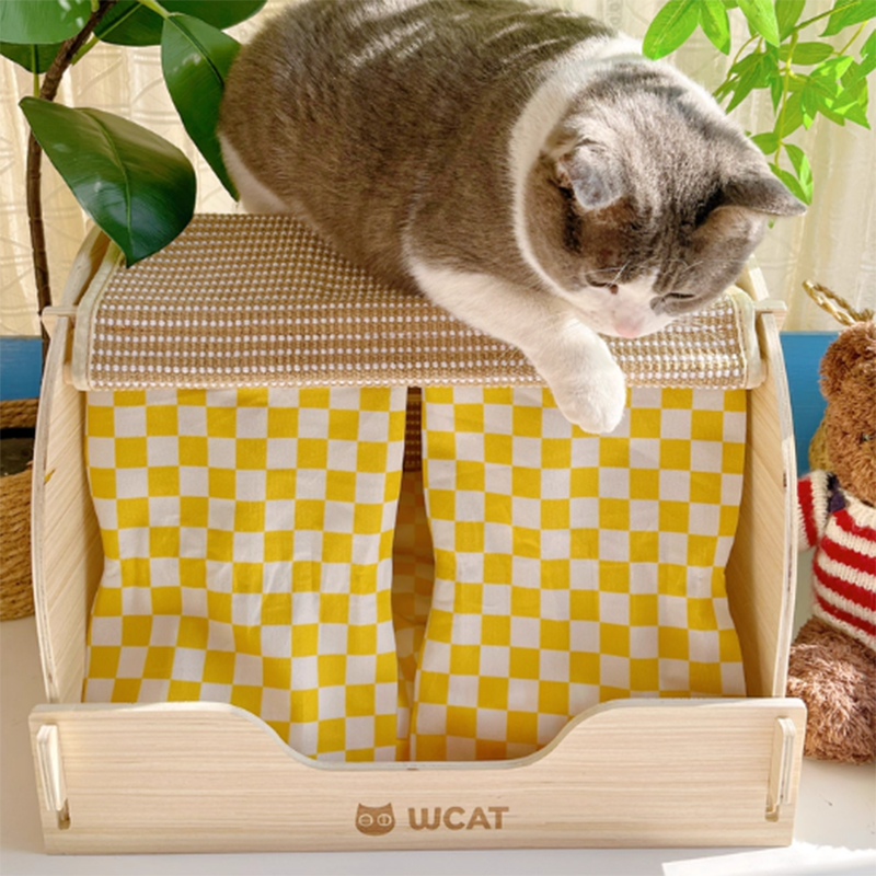 Contemporary Creative Rectangular Multi-Layer Solid Wood Panel Velvet Fabric Oxford Fabric Sisal Cat Scratcher Cat Bed For Bedroom