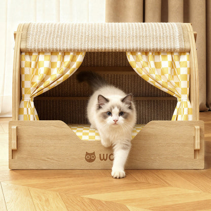 Contemporary Creative Rectangular Multi-Layer Solid Wood Panel Velvet Fabric Oxford Fabric Sisal Cat Scratcher Cat Bed For Bedroom