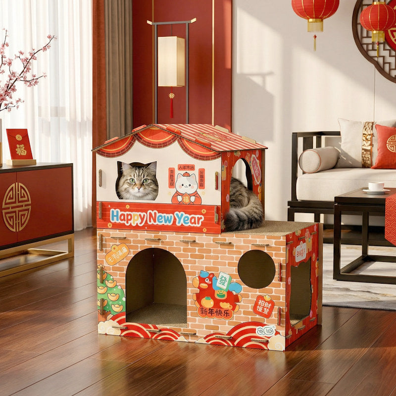 Contemporary Creative Rectangular Grade A Hardness Corrugated Cat Scratcher & Cat Bed 2-Tier For Living Room