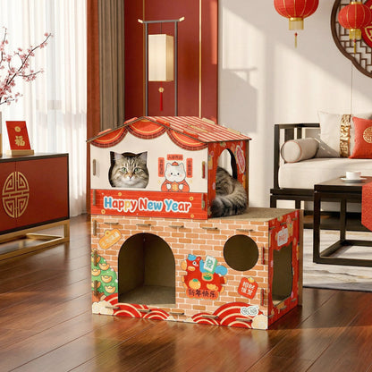 Contemporary Creative Rectangular Grade A Hardness Corrugated Cat Scratcher & Cat Bed 2-Tier For Living Room