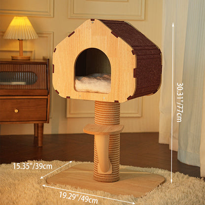 Contemporary Scandinavian Square Medium-Density Fiberboard Sisal Mat Felt Treehouse-Style Cat Tree 2-Tier For Living Room
