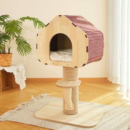 Contemporary Scandinavian Square Medium-Density Fiberboard Sisal Mat Felt Treehouse-Style Cat Tree 2-Tier For Living Room