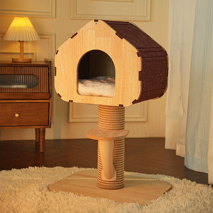 Contemporary Scandinavian Square Medium-Density Fiberboard Sisal Mat Felt Treehouse-Style Cat Tree 2-Tier For Living Room