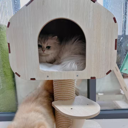 Contemporary Scandinavian Square Medium-Density Fiberboard Sisal Mat Felt Treehouse-Style Cat Tree 2-Tier For Living Room