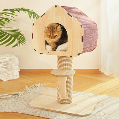 Contemporary Scandinavian Square Medium-Density Fiberboard Sisal Mat Felt Treehouse-Style Cat Tree 2-Tier For Living Room