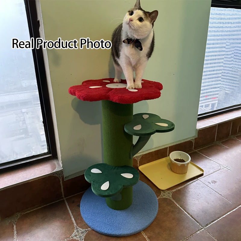 Contemporary Creative Round Medium-Density Fiberboard Velvet Fabric PVC Cactus-Shaped Cat Tree 3-Tier For Living Room