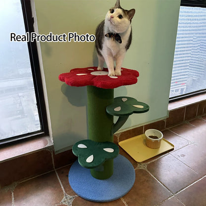 Contemporary Creative Round Medium-Density Fiberboard Velvet Fabric PVC Cactus-Shaped Cat Tree 3-Tier For Living Room