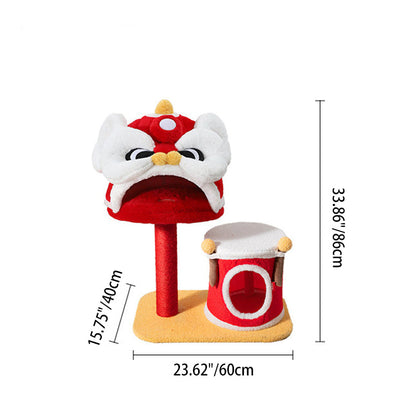 Contemporary Creative Rectangular Particleboard Velvet Fabric Sisal Chinese Lion-Shaped Cat Tree For Living Room