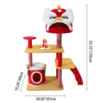 Contemporary Creative Rectangular Particleboard Velvet Fabric Sisal Chinese Lion-Shaped Cat Tree For Living Room