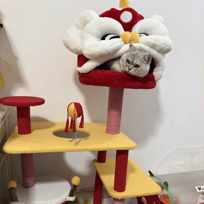 Contemporary Creative Rectangular Particleboard Velvet Fabric Sisal Chinese Lion-Shaped Cat Tree For Living Room