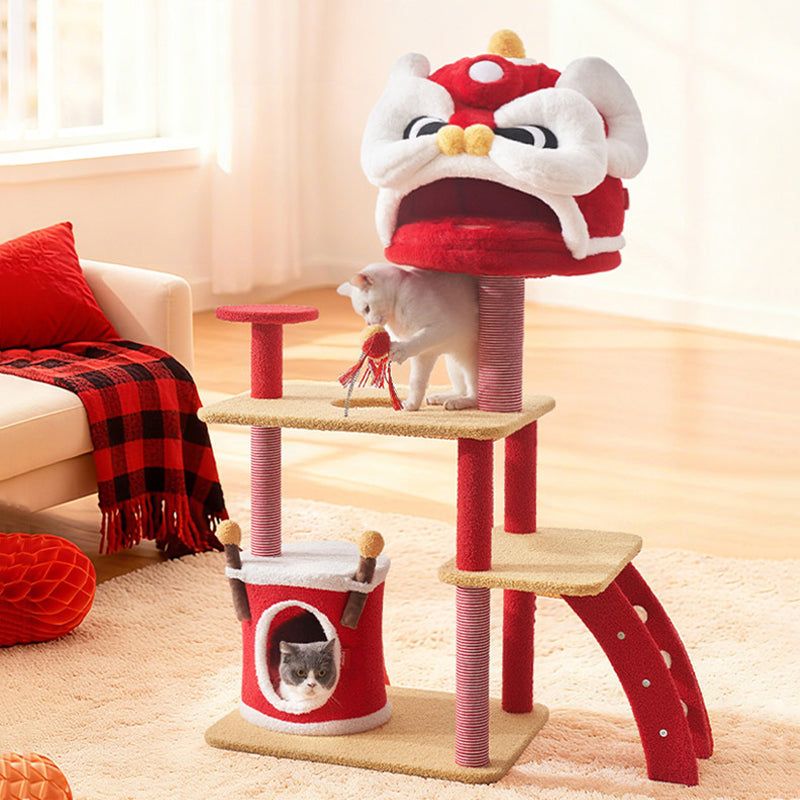 Contemporary Creative Rectangular Particleboard Velvet Fabric Sisal Chinese Lion-Shaped Cat Tree For Living Room