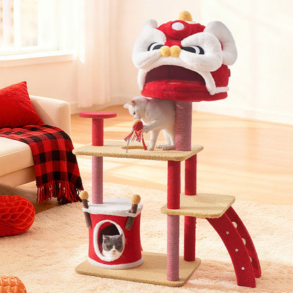 Contemporary Creative Rectangular Particleboard Velvet Fabric Sisal Chinese Lion-Shaped Cat Tree For Living Room