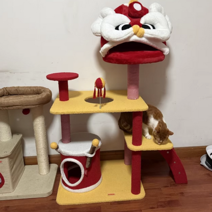 Contemporary Creative Rectangular Particleboard Velvet Fabric Sisal Chinese Lion-Shaped Cat Tree For Living Room