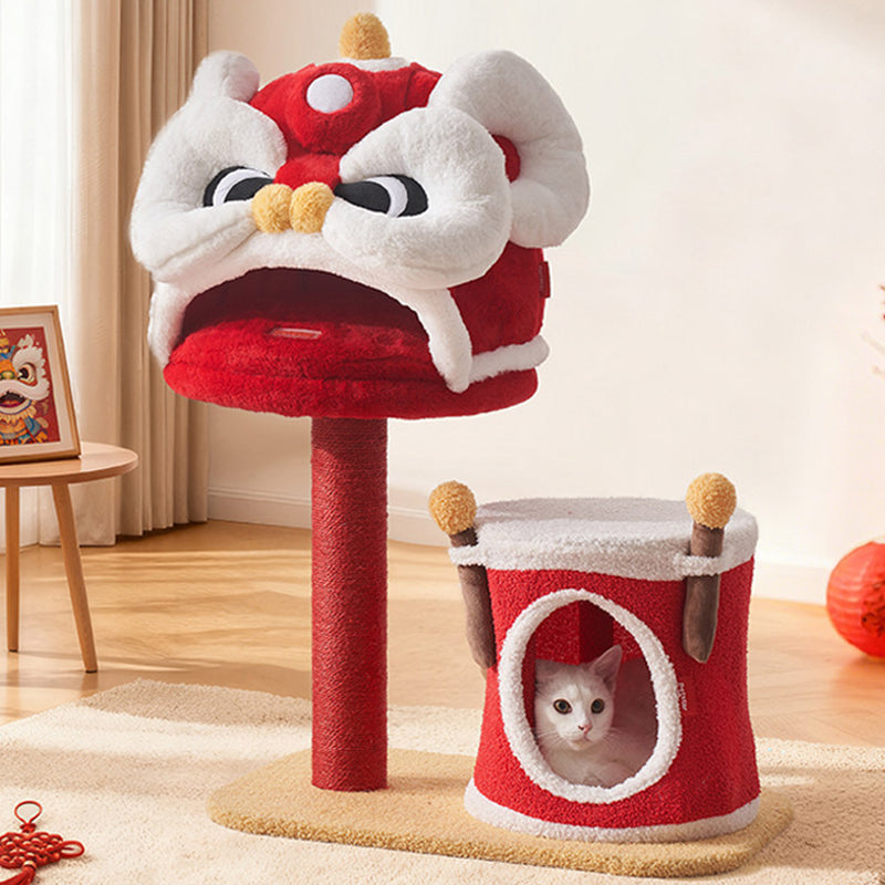 Contemporary Creative Rectangular Particleboard Velvet Fabric Sisal Chinese Lion-Shaped Cat Tree For Living Room