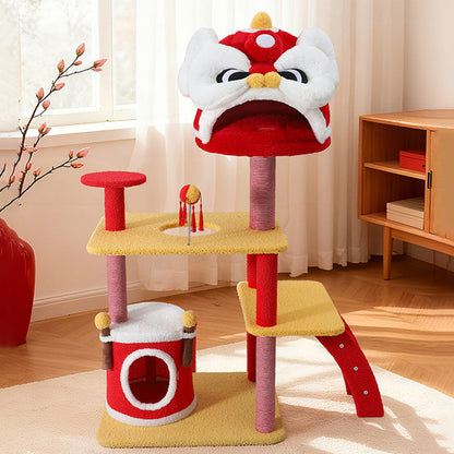 Contemporary Creative Rectangular Particleboard Velvet Fabric Sisal Chinese Lion-Shaped Cat Tree For Living Room