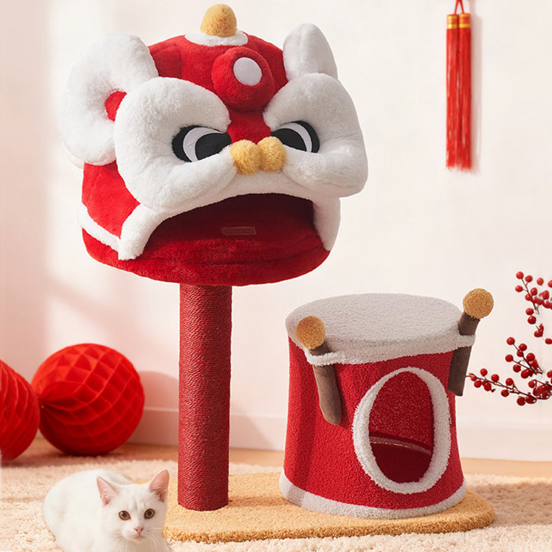 Contemporary Creative Rectangular Particleboard Velvet Fabric Sisal Chinese Lion-Shaped Cat Tree For Living Room