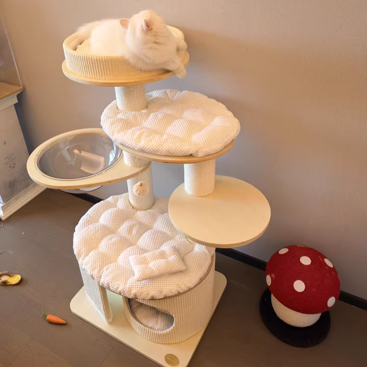 Contemporary Creative Round Multi-layer Solid Wood Panel Corduroy Paper Rope Kraft Paper Tube Cat Tree For Living Room