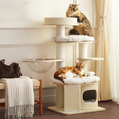 Contemporary Creative Round Multi-layer Solid Wood Panel Corduroy Paper Rope Kraft Paper Tube Cat Tree For Living Room