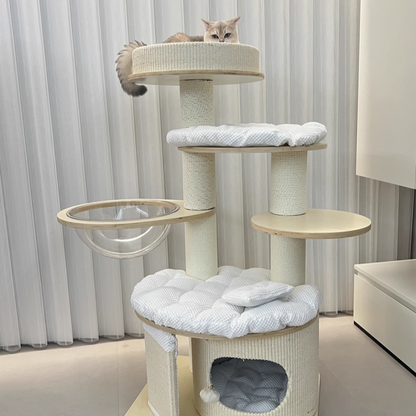 Contemporary Creative Round Multi-layer Solid Wood Panel Corduroy Paper Rope Kraft Paper Tube Cat Tree For Living Room