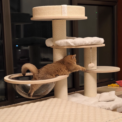Contemporary Creative Round Multi-layer Solid Wood Panel Corduroy Paper Rope Kraft Paper Tube Cat Tree For Living Room