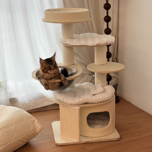 Contemporary Creative Round Multi-layer Solid Wood Panel Corduroy Paper Rope Kraft Paper Tube Cat Tree For Living Room