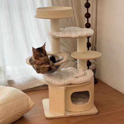 Contemporary Creative Round Multi-layer Solid Wood Panel Corduroy Paper Rope Kraft Paper Tube Cat Tree For Living Room