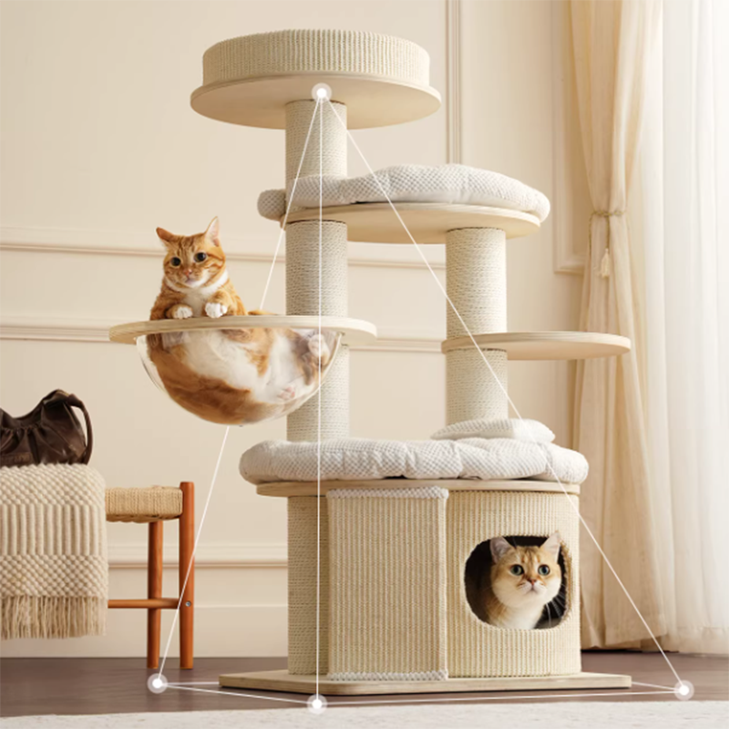Contemporary Creative Round Multi-layer Solid Wood Panel Corduroy Paper Rope Kraft Paper Tube Cat Tree For Living Room
