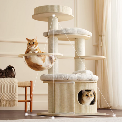 Contemporary Creative Round Multi-layer Solid Wood Panel Corduroy Paper Rope Kraft Paper Tube Cat Tree For Living Room