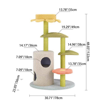Contemporary Creative Round Particleboard Velvet Fabric Hemp Rope Cat Tree For Living Room