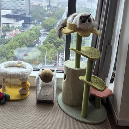 Contemporary Creative Round Particleboard Velvet Fabric Hemp Rope Cat Tree For Living Room