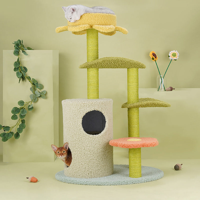 Contemporary Creative Round Particleboard Velvet Fabric Hemp Rope Cat Tree For Living Room