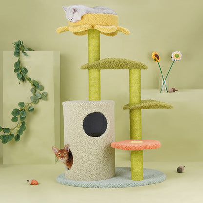 Contemporary Creative Round Particleboard Velvet Fabric Hemp Rope Cat Tree For Living Room