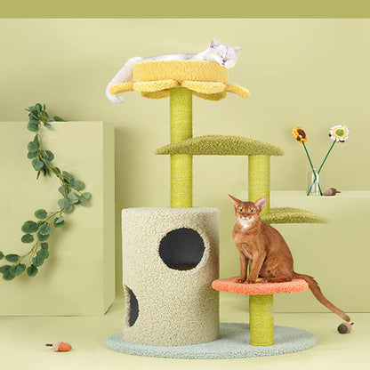 Contemporary Creative Round Particleboard Velvet Fabric Hemp Rope Cat Tree For Living Room