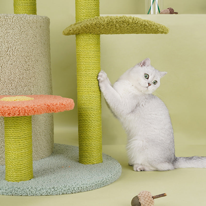 Contemporary Creative Round Particleboard Velvet Fabric Hemp Rope Cat Tree For Living Room