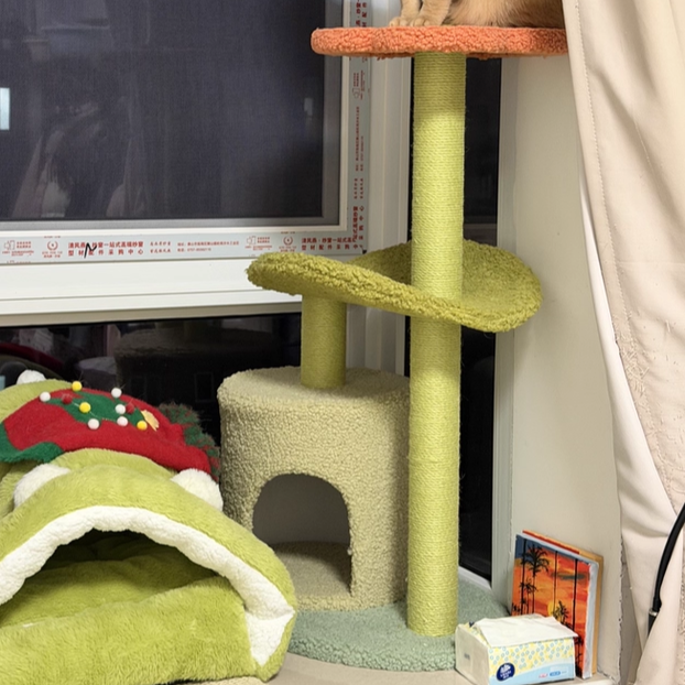 Contemporary Creative Round Particleboard Velvet Fabric Hemp Rope Cat Tree For Living Room