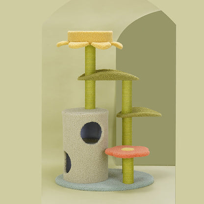 Contemporary Creative Round Particleboard Velvet Fabric Hemp Rope Cat Tree For Living Room