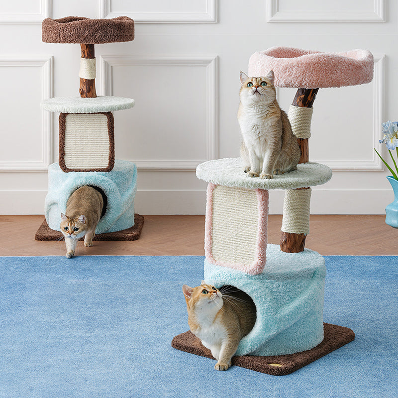 Contemporary Creative Round Particleboard Natural Fruitwood Velvet Fabric Sisal Cat Tree For Living Room
