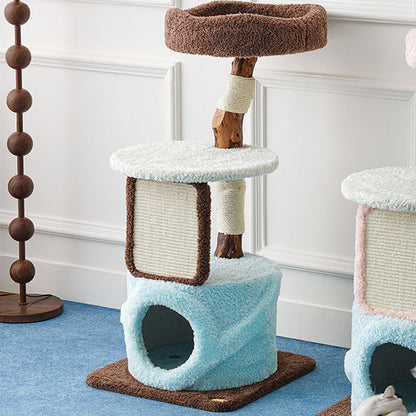 Contemporary Creative Round Particleboard Natural Fruitwood Velvet Fabric Sisal Cat Tree For Living Room