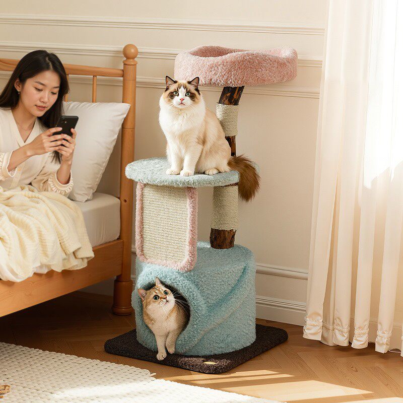 Contemporary Creative Round Particleboard Natural Fruitwood Velvet Fabric Sisal Cat Tree For Living Room