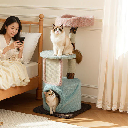 Contemporary Creative Round Particleboard Natural Fruitwood Velvet Fabric Sisal Cat Tree For Living Room