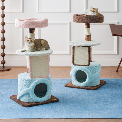 Contemporary Creative Round Particleboard Natural Fruitwood Velvet Fabric Sisal Cat Tree For Living Room