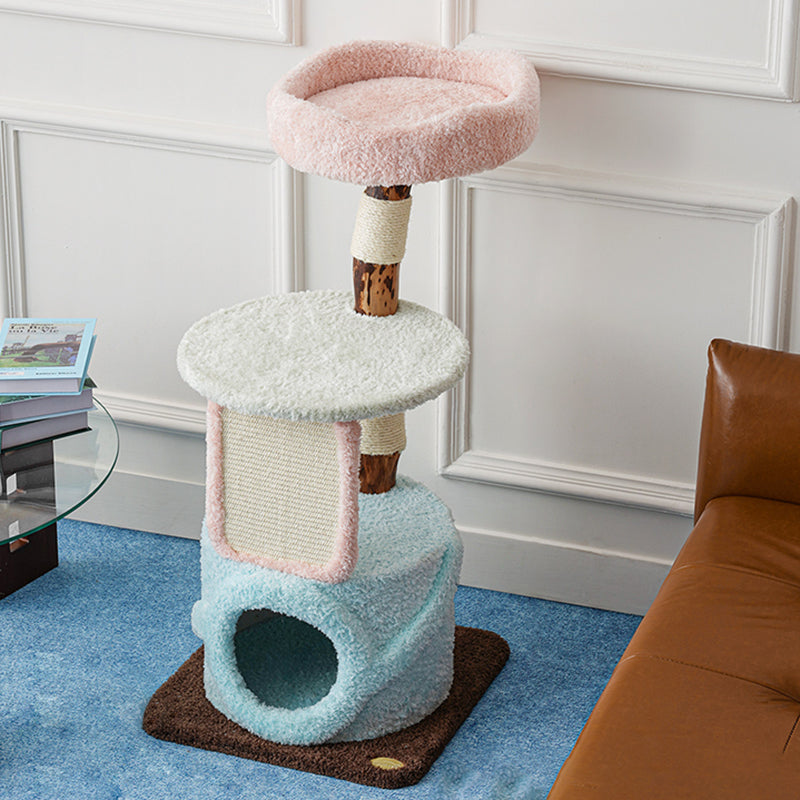 Contemporary Creative Round Particleboard Natural Fruitwood Velvet Fabric Sisal Cat Tree For Living Room